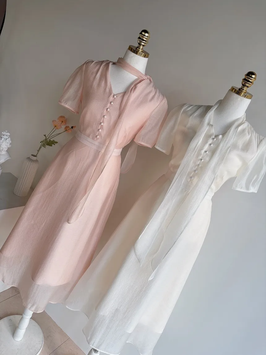 オーガンジーボウタイVネックロング半袖Aラインフェイクボタンワンピース | mirangmirang | 詳細画像34