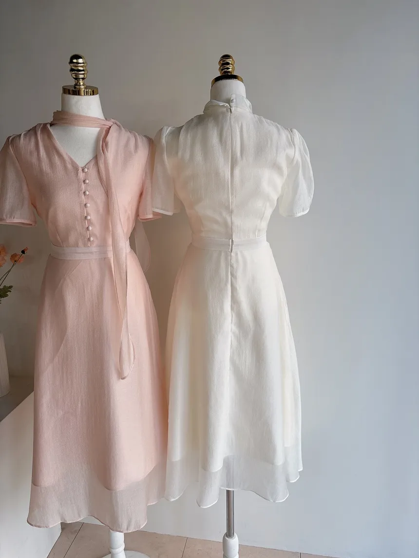 オーガンジーボウタイVネックロング半袖Aラインフェイクボタンワンピース | mirangmirang | 詳細画像35