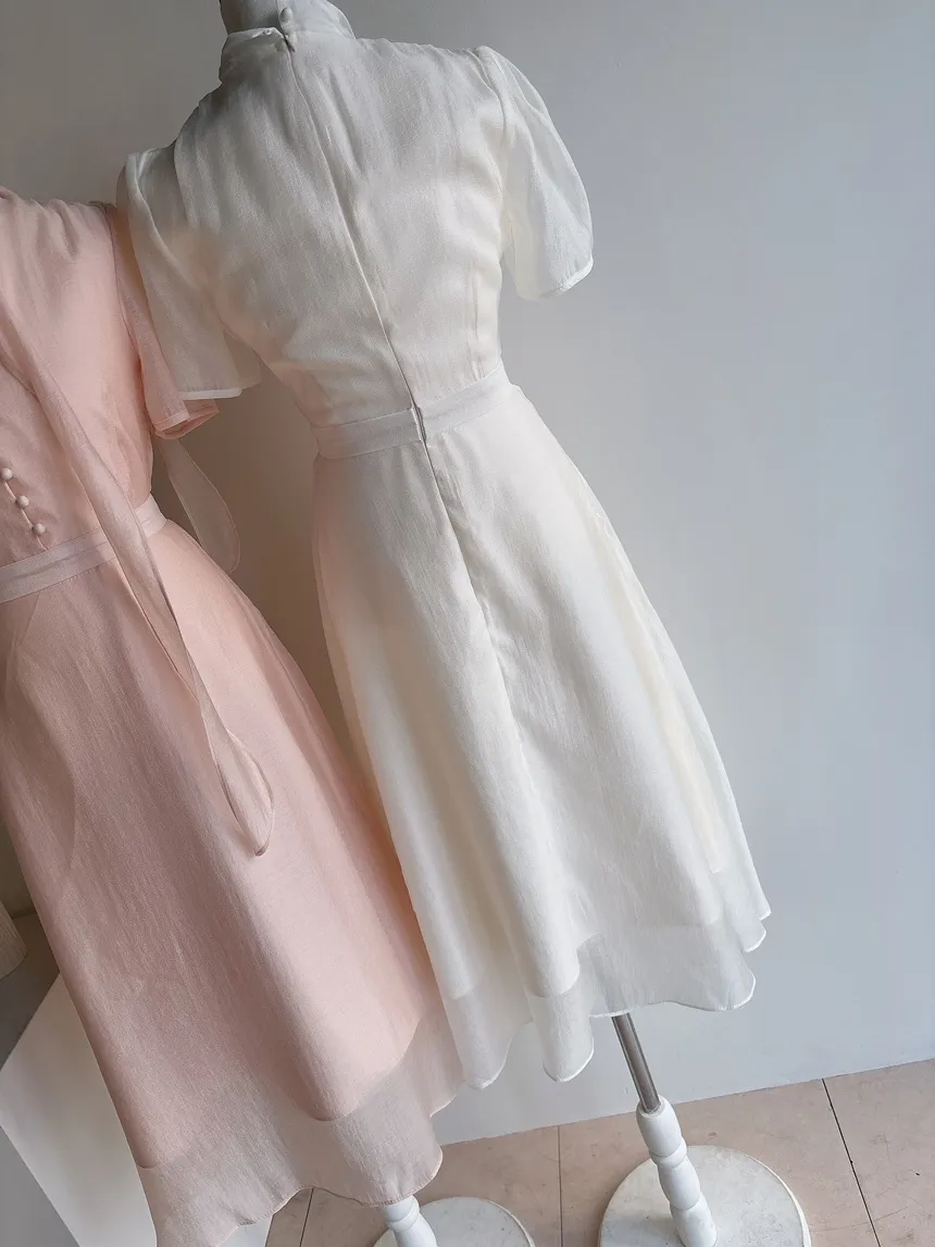 オーガンジーボウタイVネックロング半袖Aラインフェイクボタンワンピース | mirangmirang | 詳細画像37