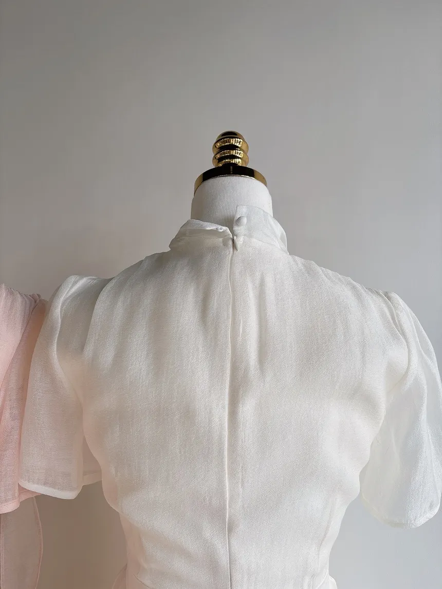 オーガンジーボウタイVネックロング半袖Aラインフェイクボタンワンピース | mirangmirang | 詳細画像38