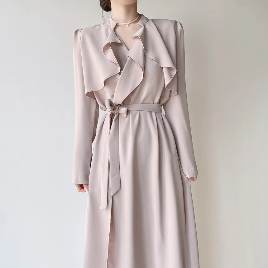 ロングフレア肩パッドトレンチコートストラップ付 | mirangmirang | 詳細画像4