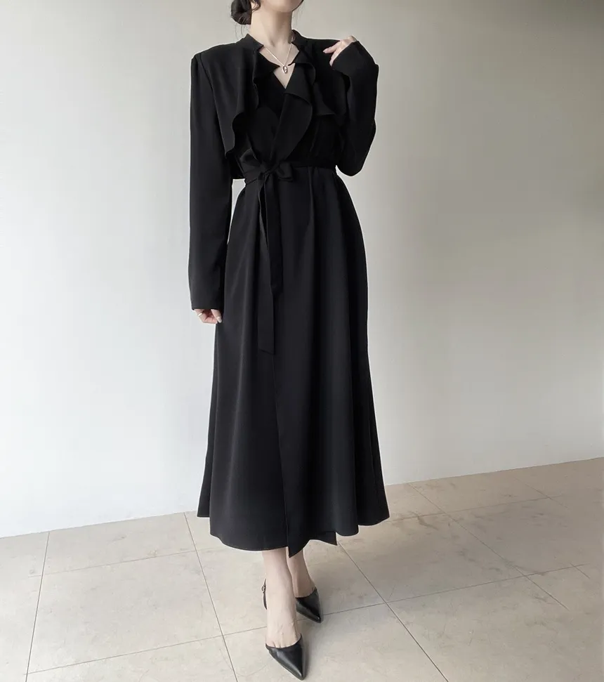 ロングフレア肩パッドトレンチコートストラップ付 | mirangmirang | 詳細画像12