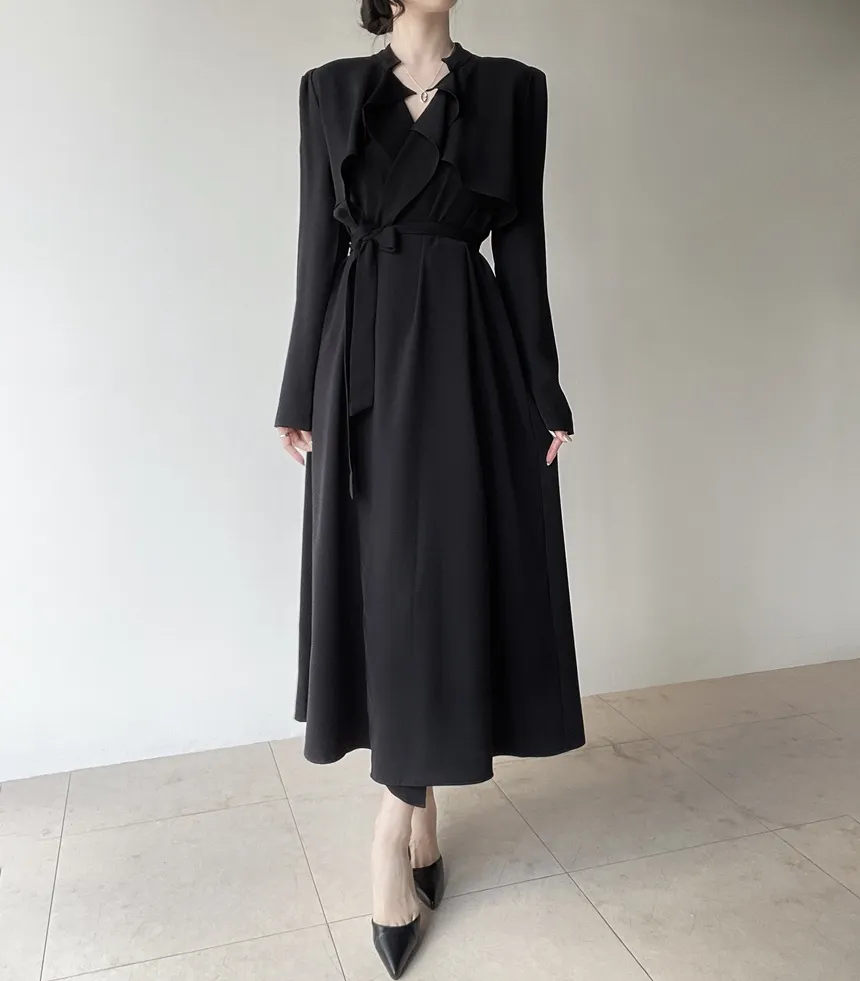 ロングフレア肩パッドトレンチコートストラップ付 | mirangmirang | 詳細画像14