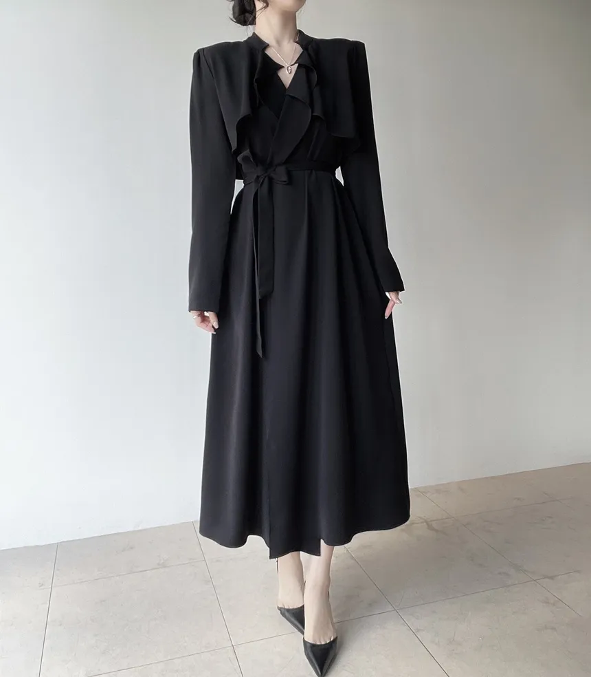 ロングフレア肩パッドトレンチコートストラップ付 | mirangmirang | 詳細画像17