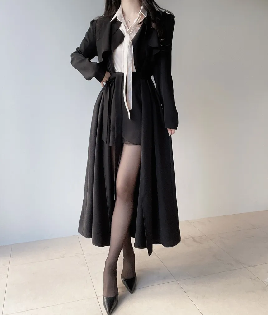 ロングフレア肩パッドトレンチコートストラップ付 | mirangmirang | 詳細画像25