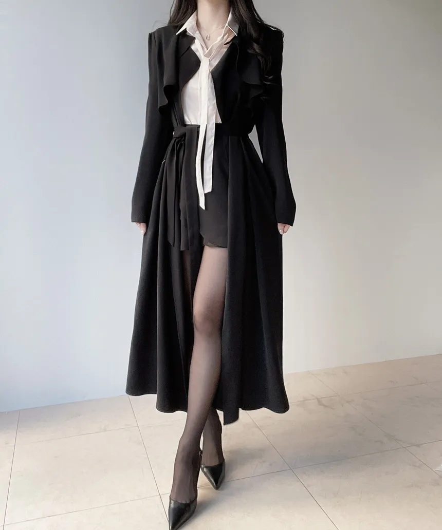 ロングフレア肩パッドトレンチコートストラップ付 | mirangmirang | 詳細画像26