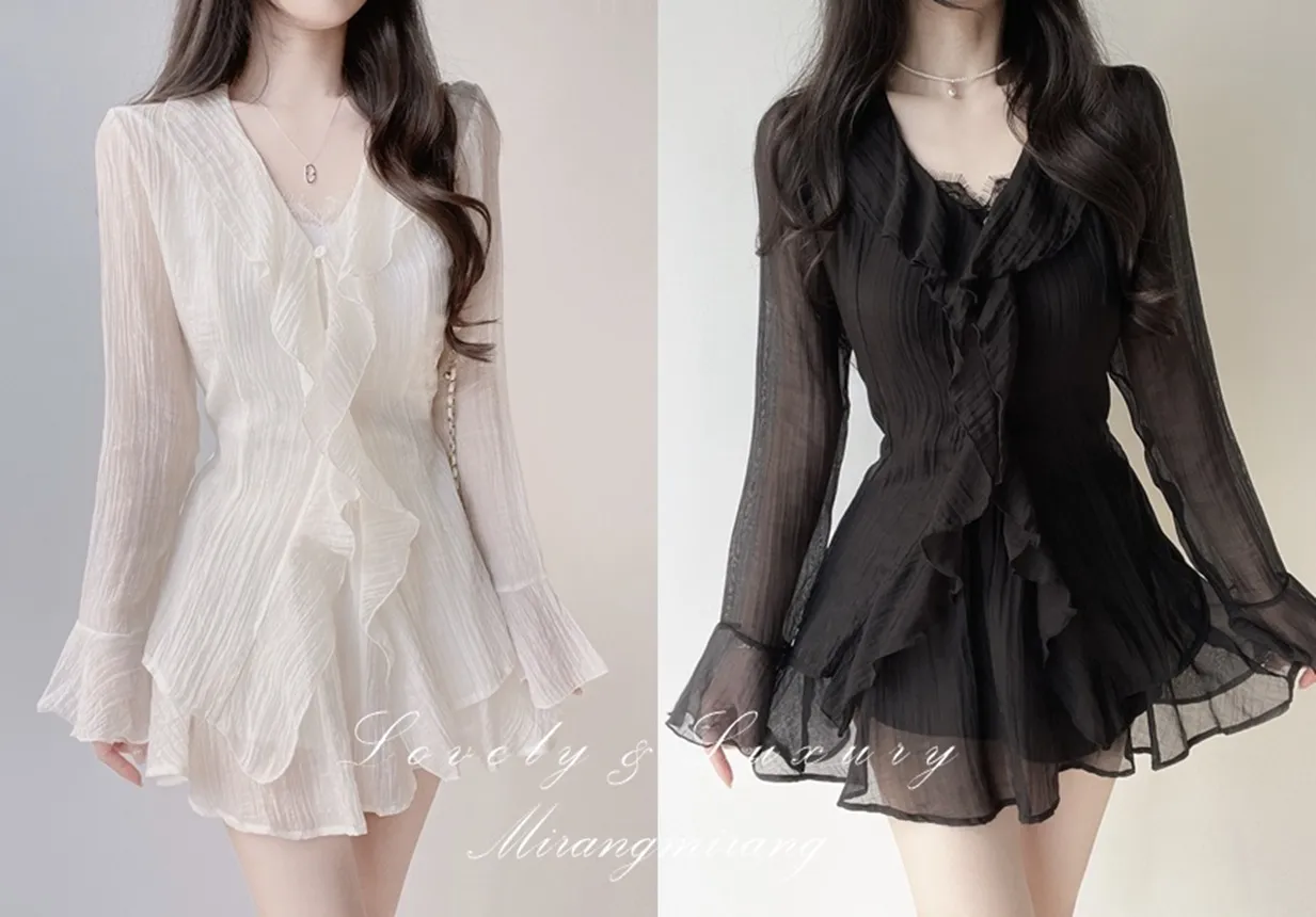シースルーVネックラッフル長袖ボタンミニバックリボンウエストゴムセットアップ | mirangmirang | 詳細画像1