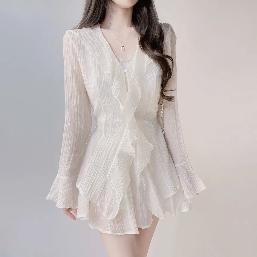 シースルーVネックラッフル長袖ボタンミニバックリボンウエストゴムセットアップ | mirangmirang | 詳細画像2