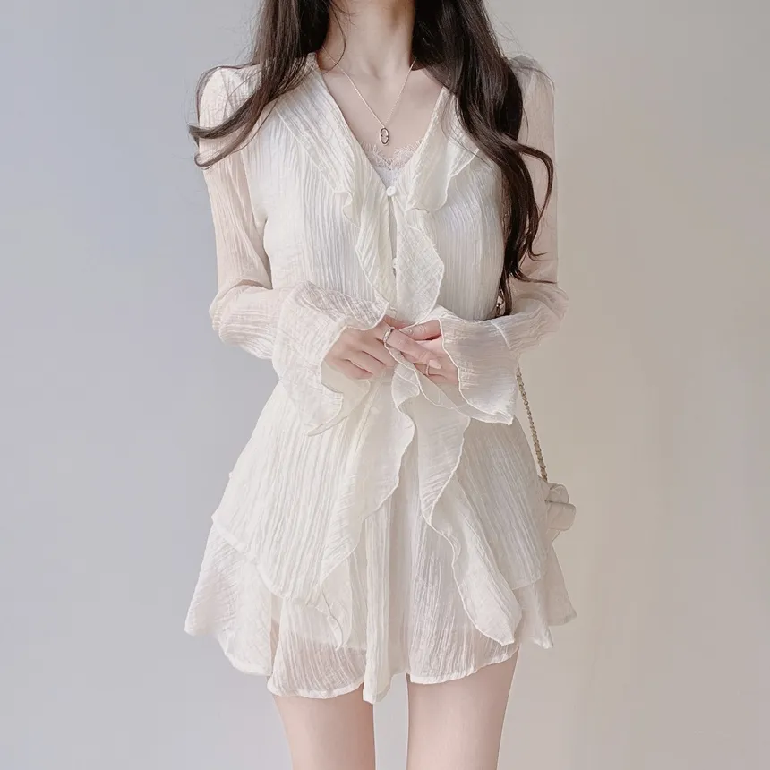 シースルーVネックラッフル長袖ボタンミニバックリボンウエストゴムセットアップ | mirangmirang | 詳細画像5