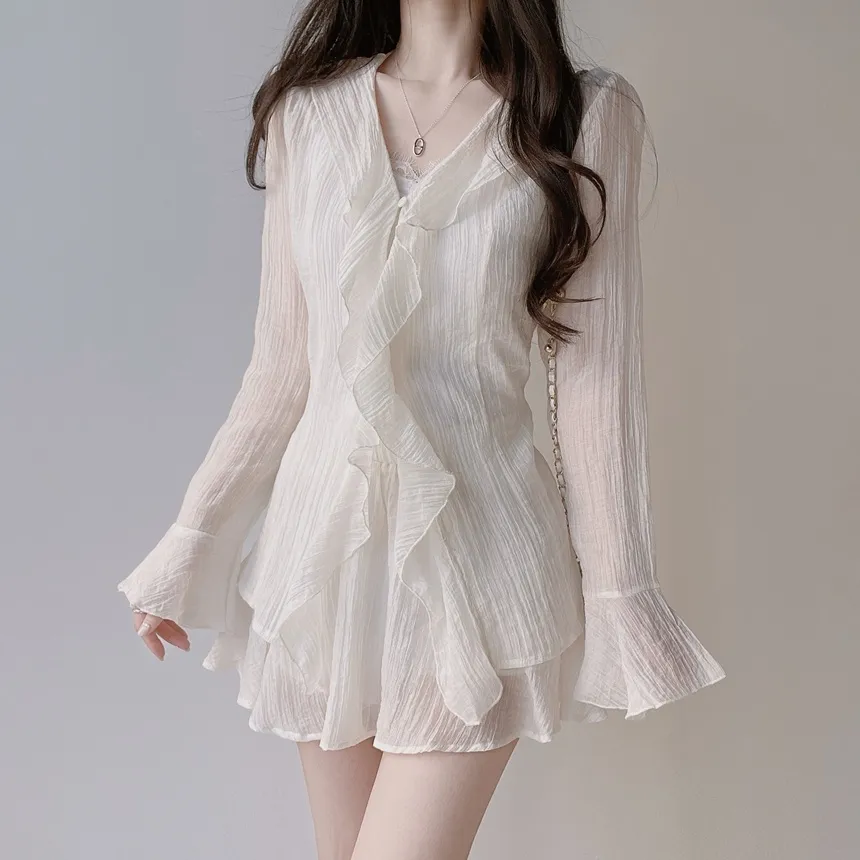 シースルーVネックラッフル長袖ボタンミニバックリボンウエストゴムセットアップ | mirangmirang | 詳細画像6