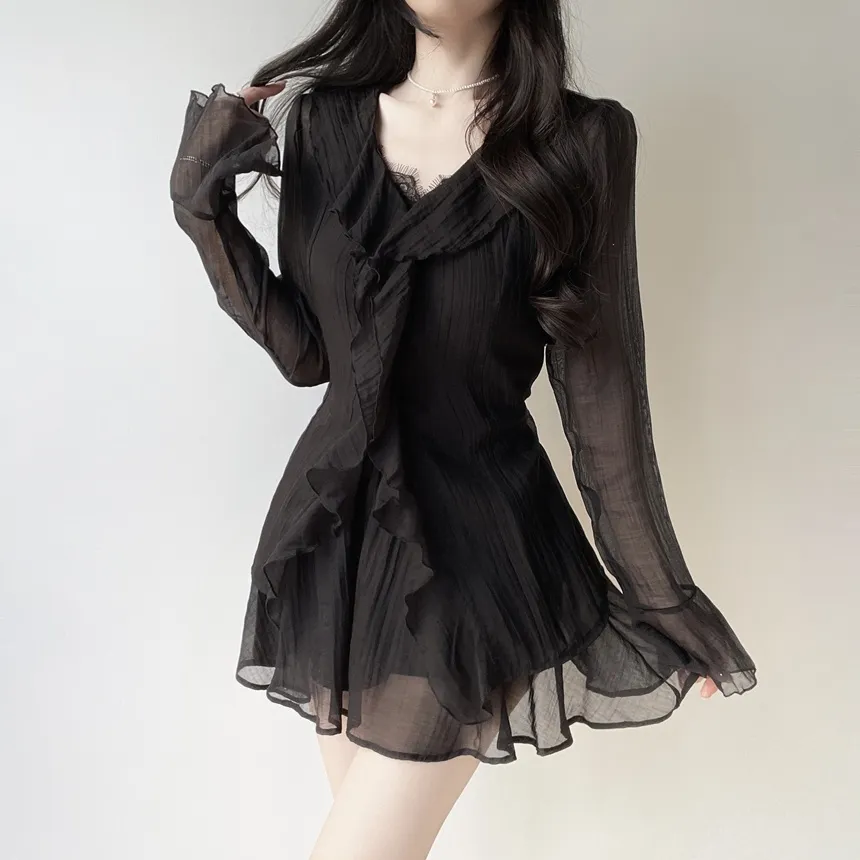 シースルーVネックラッフル長袖ボタンミニバックリボンウエストゴムセットアップ | mirangmirang | 詳細画像9