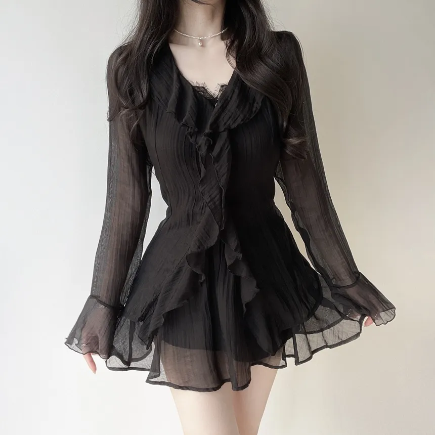 シースルーVネックラッフル長袖ボタンミニバックリボンウエストゴムセットアップ | mirangmirang | 詳細画像10