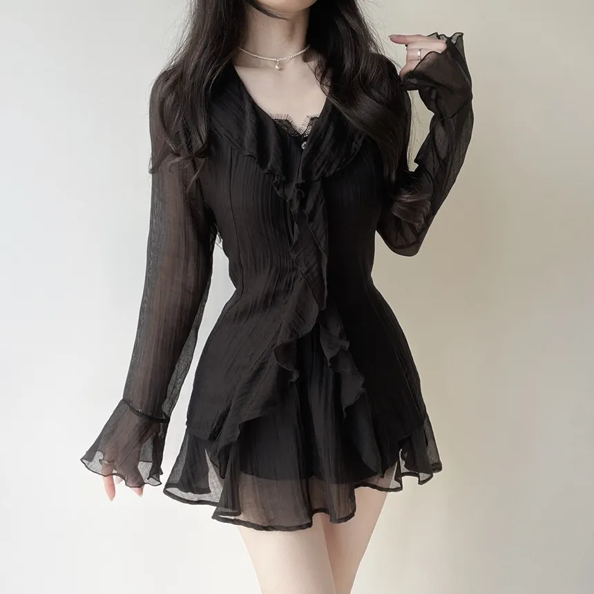 シースルーVネックラッフル長袖ボタンミニバックリボンウエストゴムセットアップ | mirangmirang | 詳細画像11