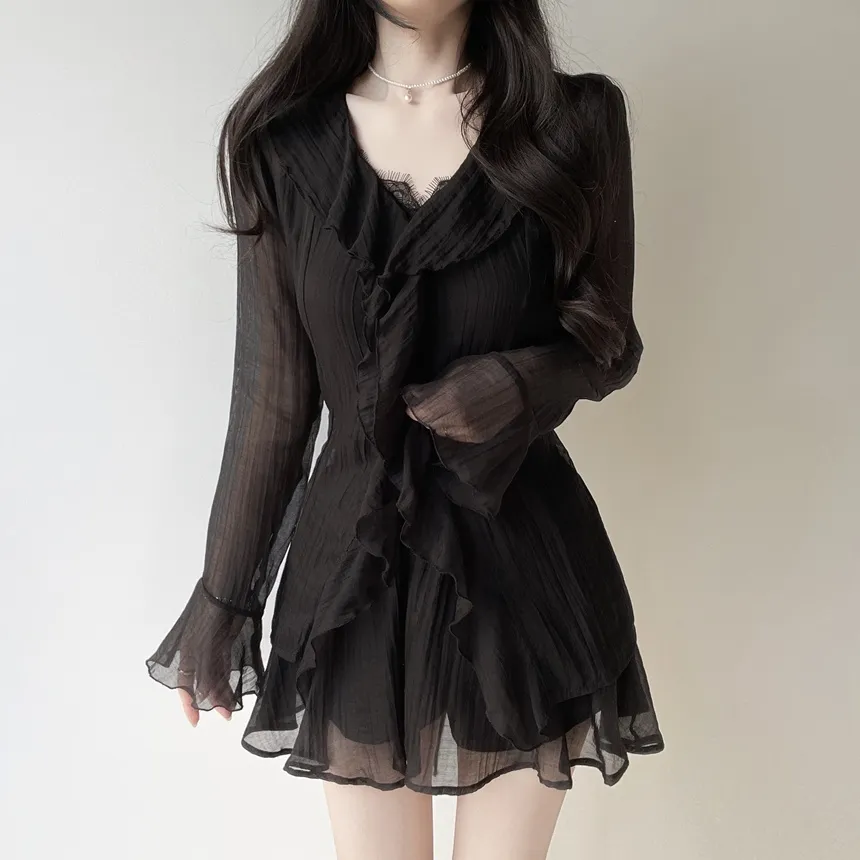 シースルーVネックラッフル長袖ボタンミニバックリボンウエストゴムセットアップ | mirangmirang | 詳細画像14