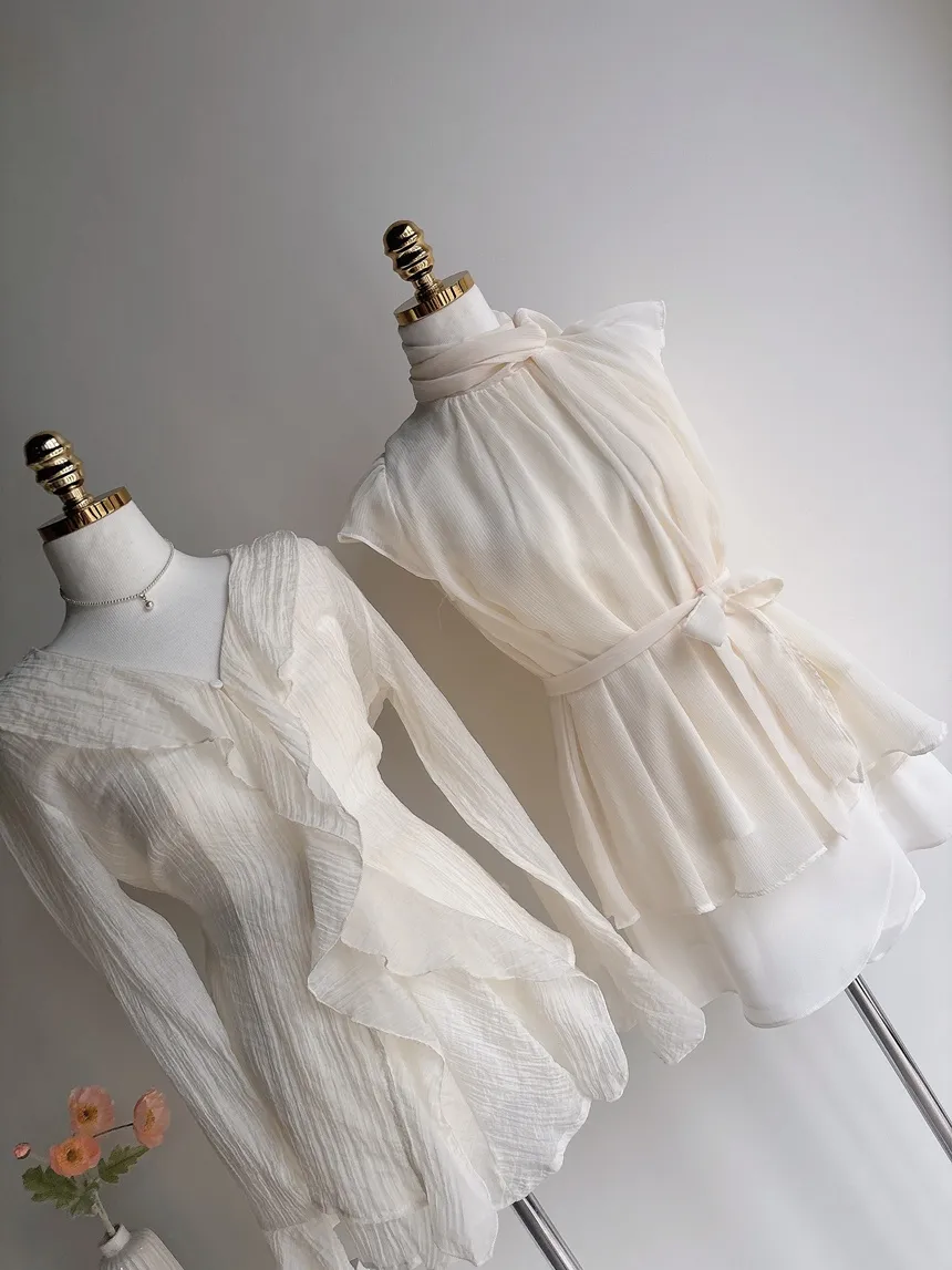 シースルーVネックラッフル長袖ボタンミニバックリボンウエストゴムセットアップ | mirangmirang | 詳細画像16