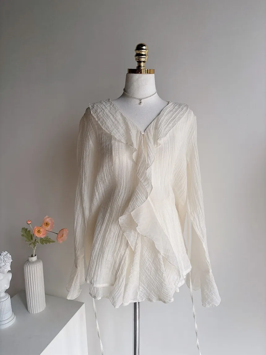 シースルーVネックラッフル長袖ボタンミニバックリボンウエストゴムセットアップ | mirangmirang | 詳細画像23