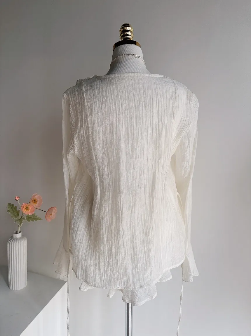 シースルーVネックラッフル長袖ボタンミニバックリボンウエストゴムセットアップ | mirangmirang | 詳細画像24