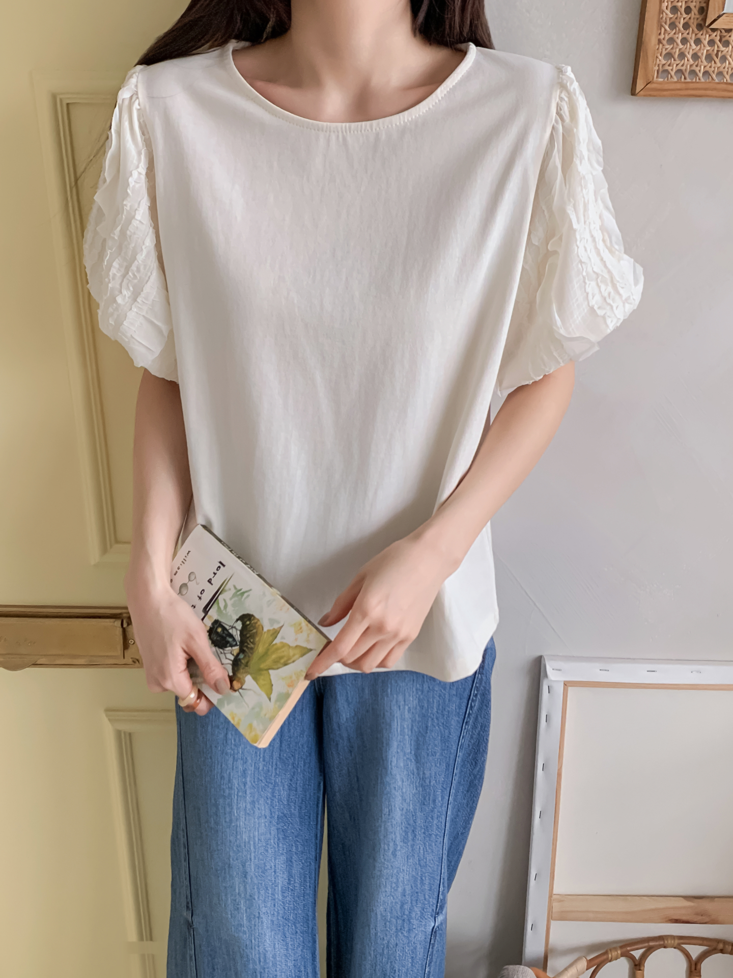 レースコットンラウンドネック半袖ブラウス | 詳細画像5