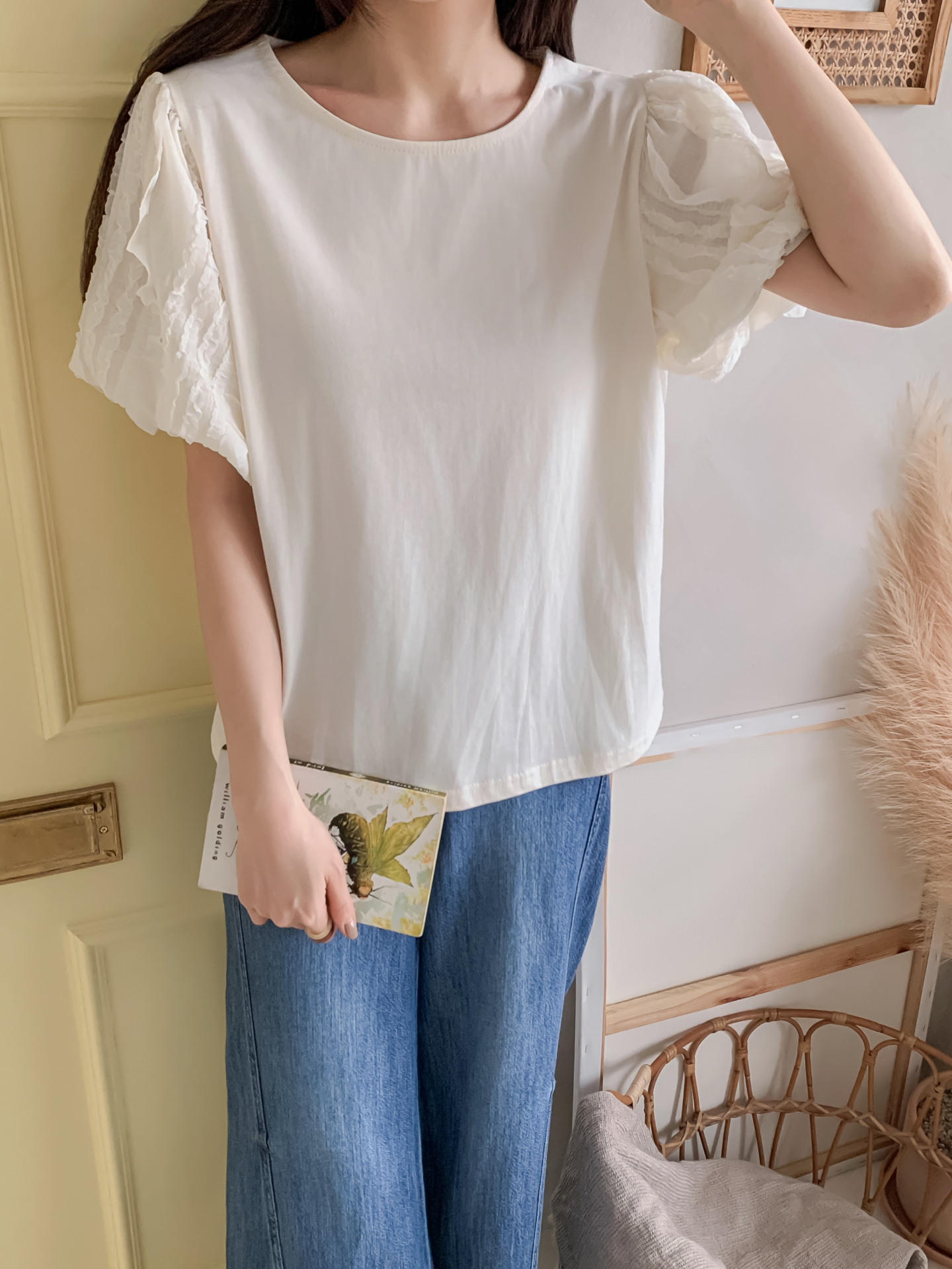 レースコットンラウンドネック半袖ブラウス | 詳細画像6