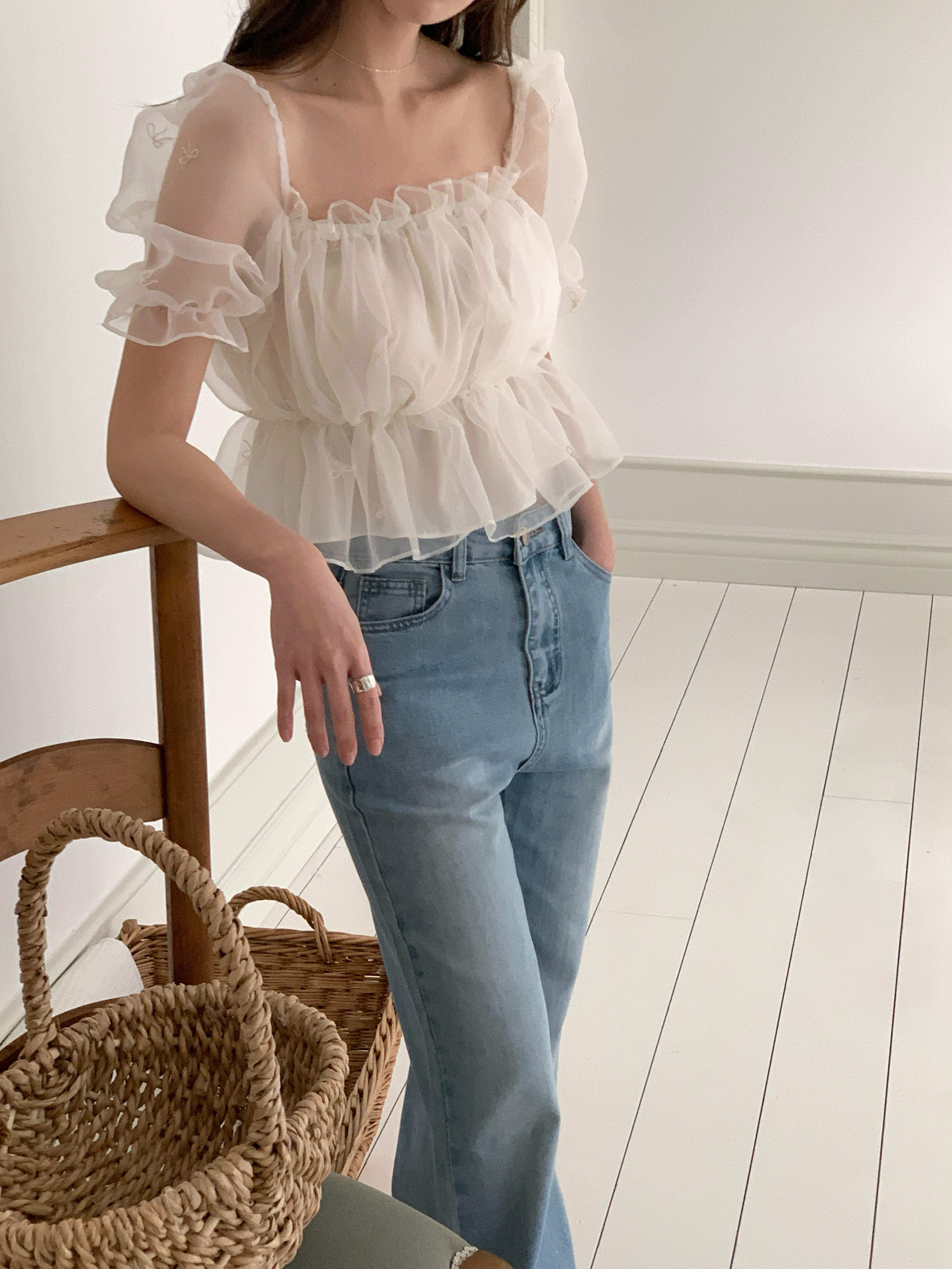 オーガンジーオフショルダーシャーリングパフスリーブ半袖刺繍リボン柄ブラウス2WAY | 詳細画像7