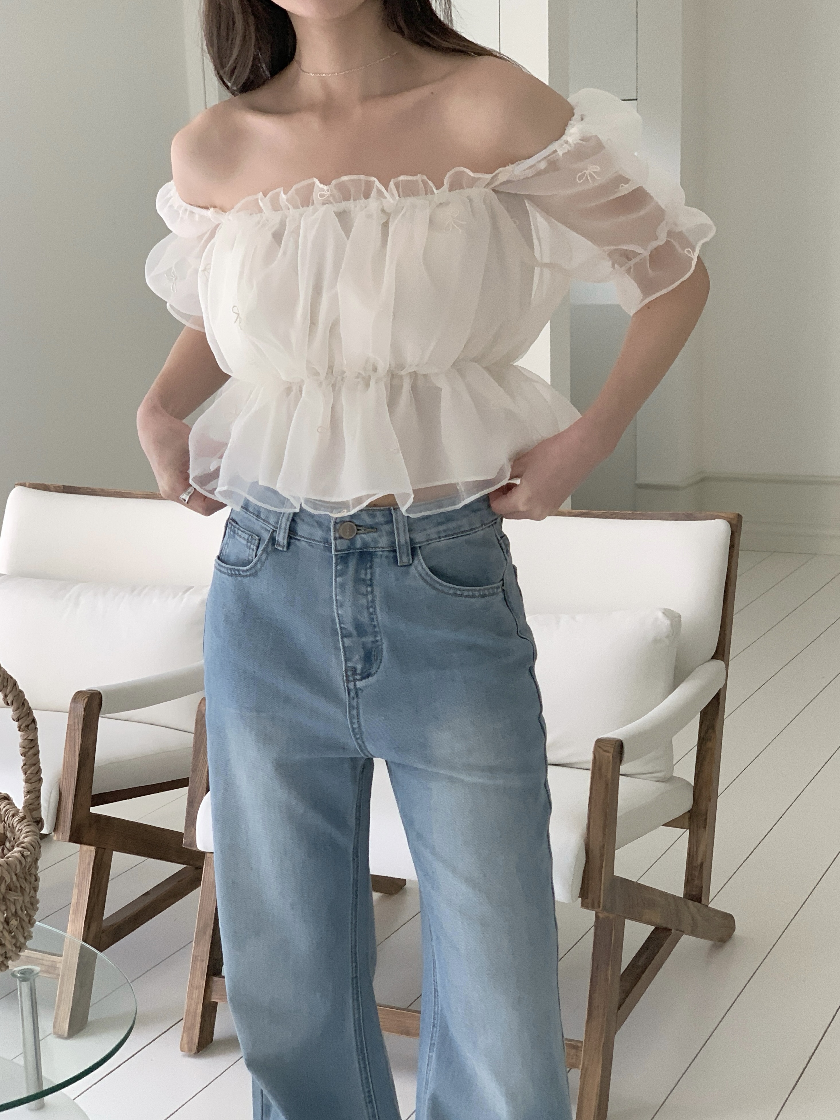 オーガンジーオフショルダーシャーリングパフスリーブ半袖刺繍リボン柄ブラウス2WAY | 詳細画像8