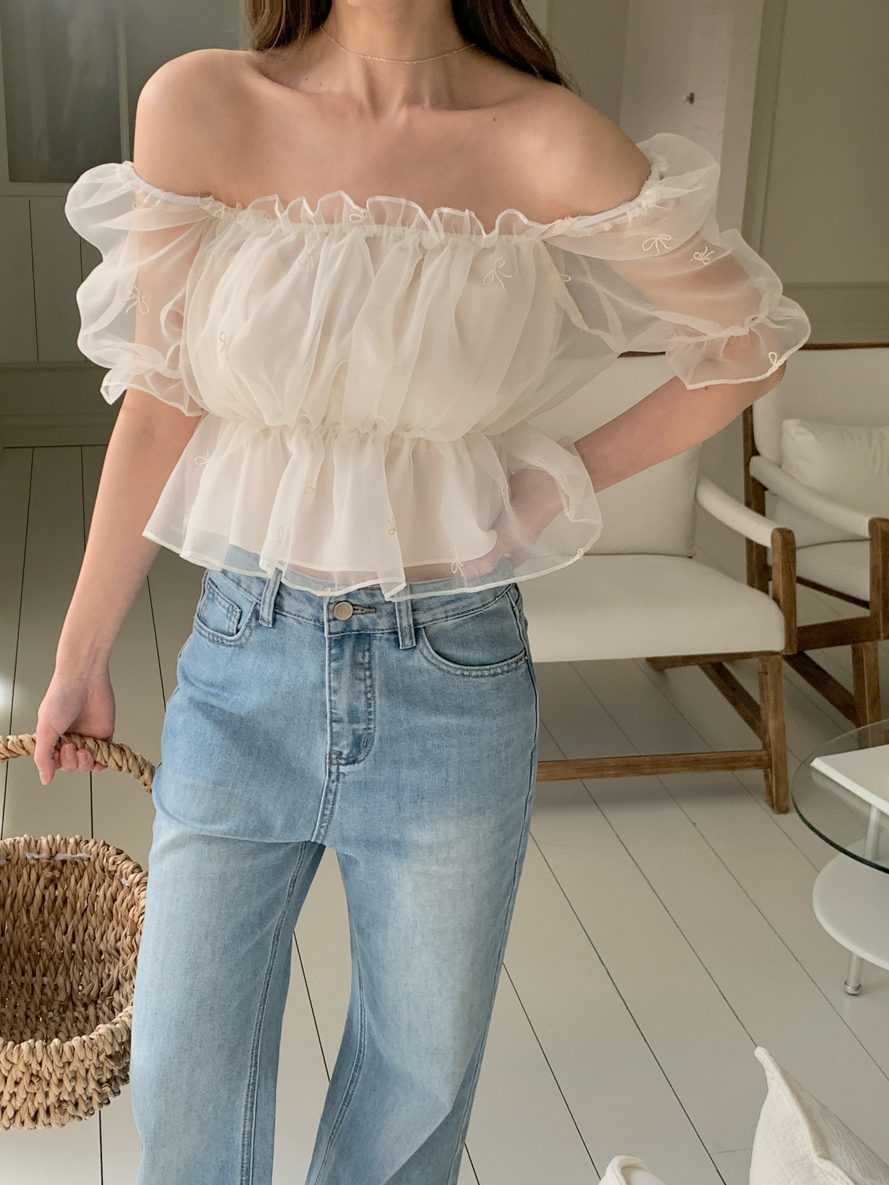 オーガンジーオフショルダーシャーリングパフスリーブ半袖刺繍リボン柄ブラウス2WAY | 詳細画像10