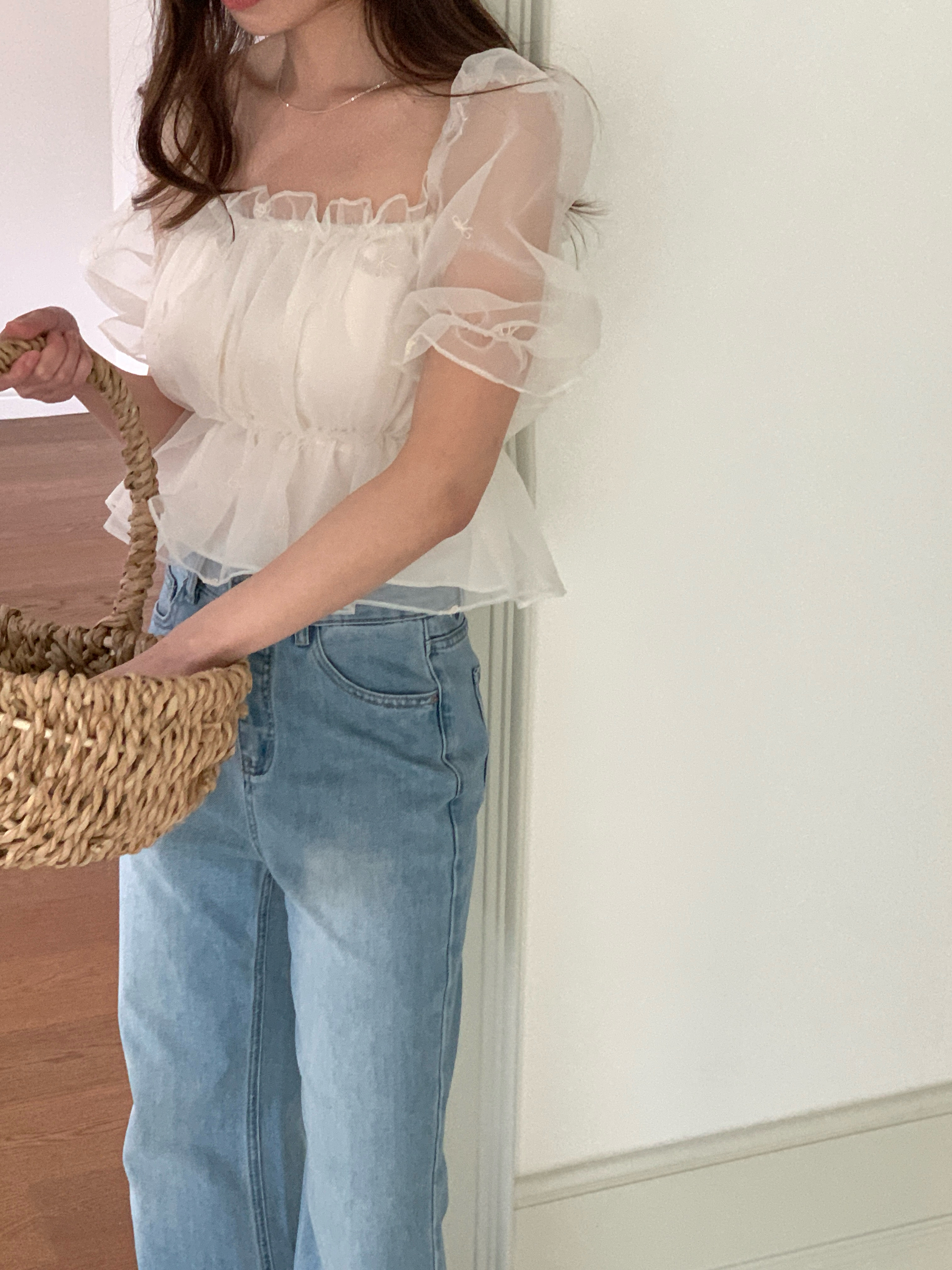 オーガンジーオフショルダーシャーリングパフスリーブ半袖刺繍リボン柄ブラウス2WAY | 詳細画像12