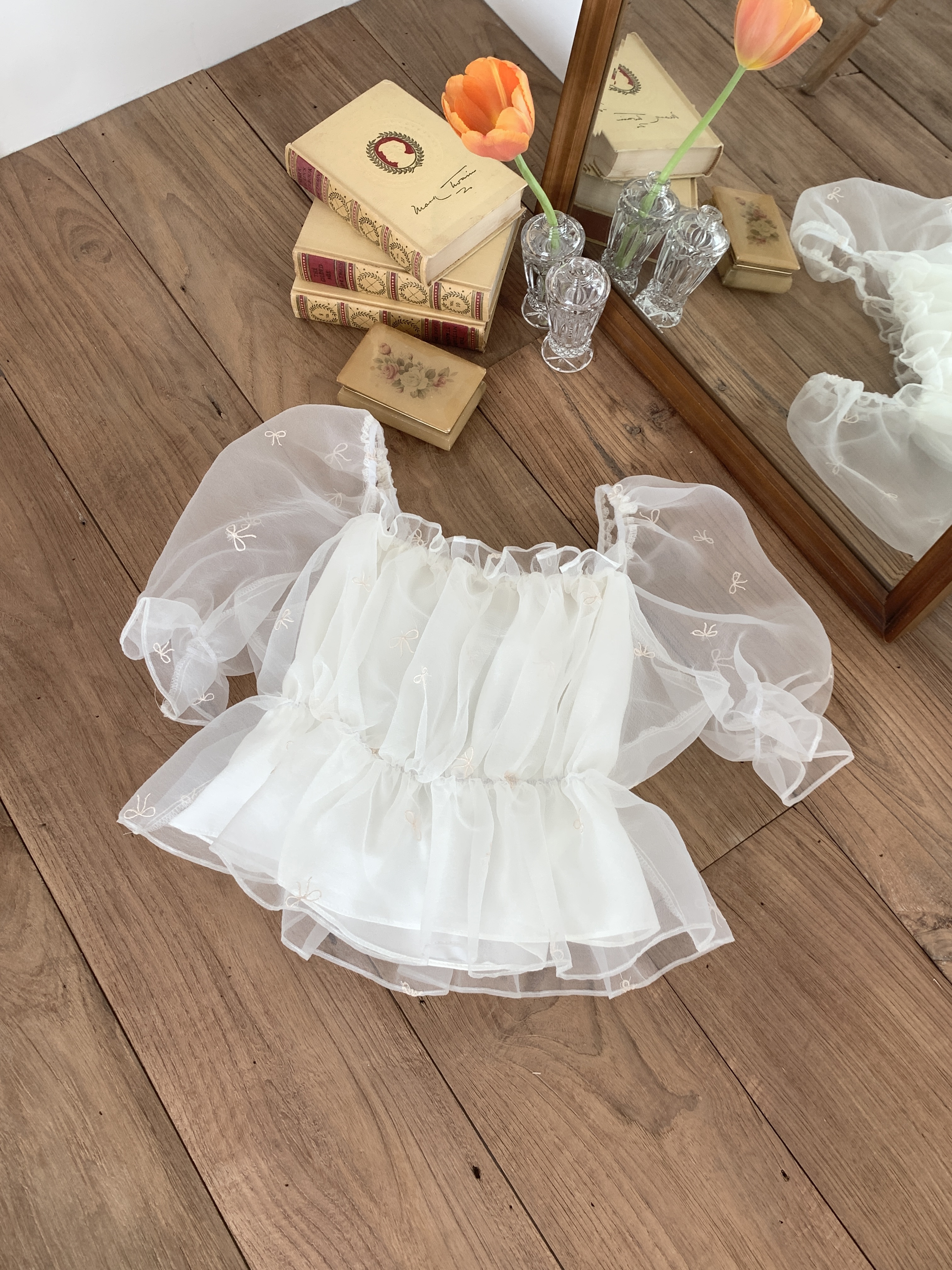 オーガンジーオフショルダーシャーリングパフスリーブ半袖刺繍リボン柄ブラウス2WAY | 詳細画像15