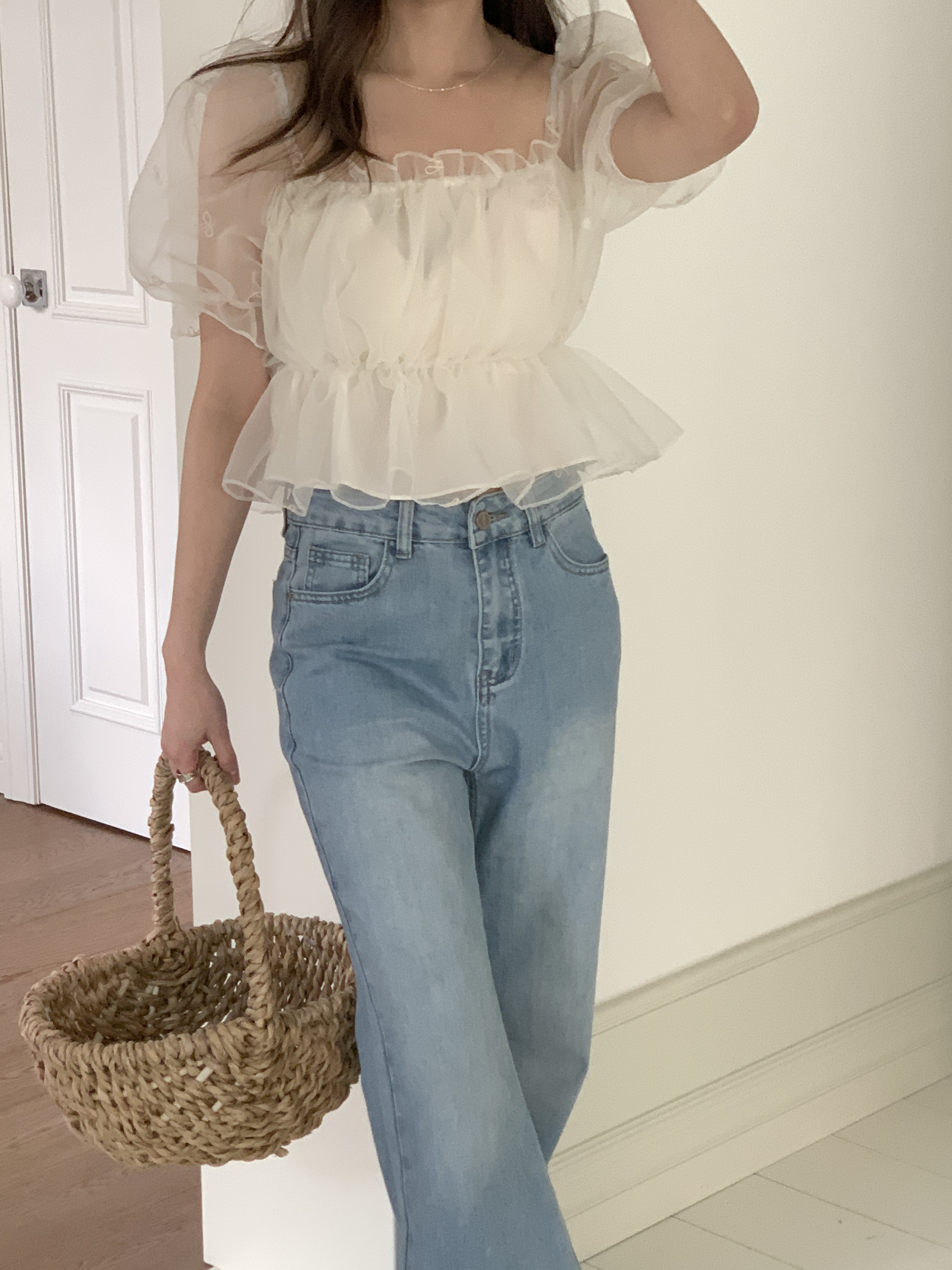 オーガンジーオフショルダーシャーリングパフスリーブ半袖刺繍リボン柄ブラウス2WAY | 詳細画像17