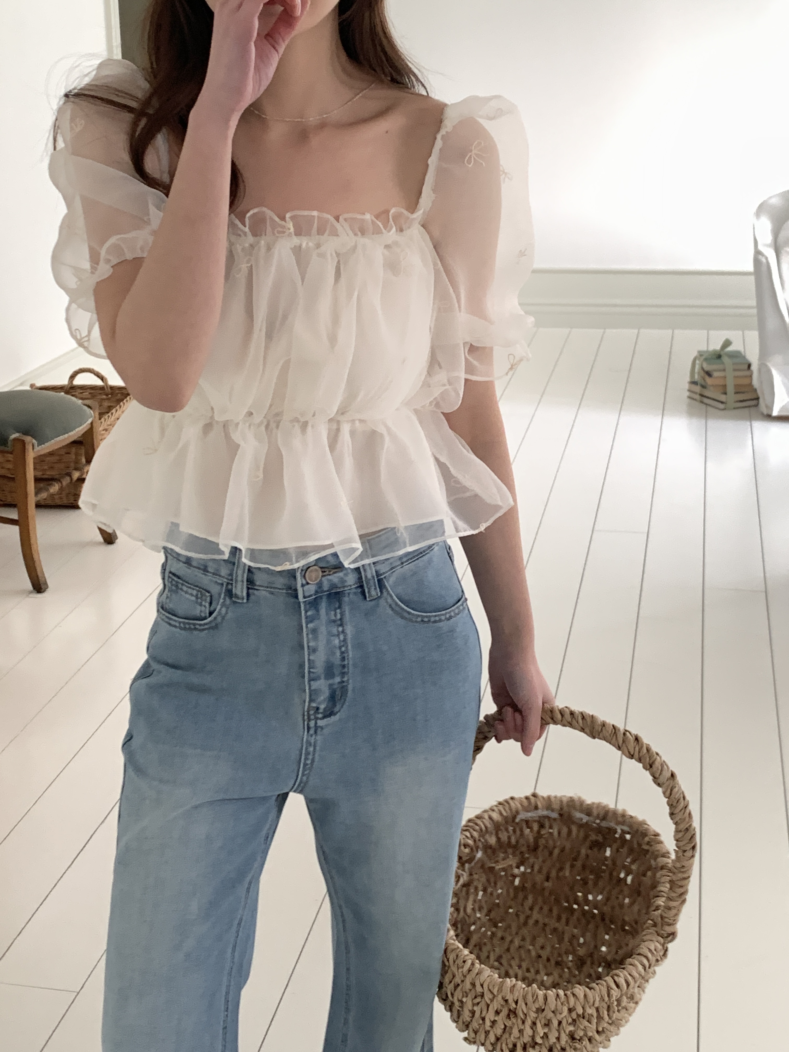 オーガンジーオフショルダーシャーリングパフスリーブ半袖刺繍リボン柄ブラウス2WAY | 詳細画像18