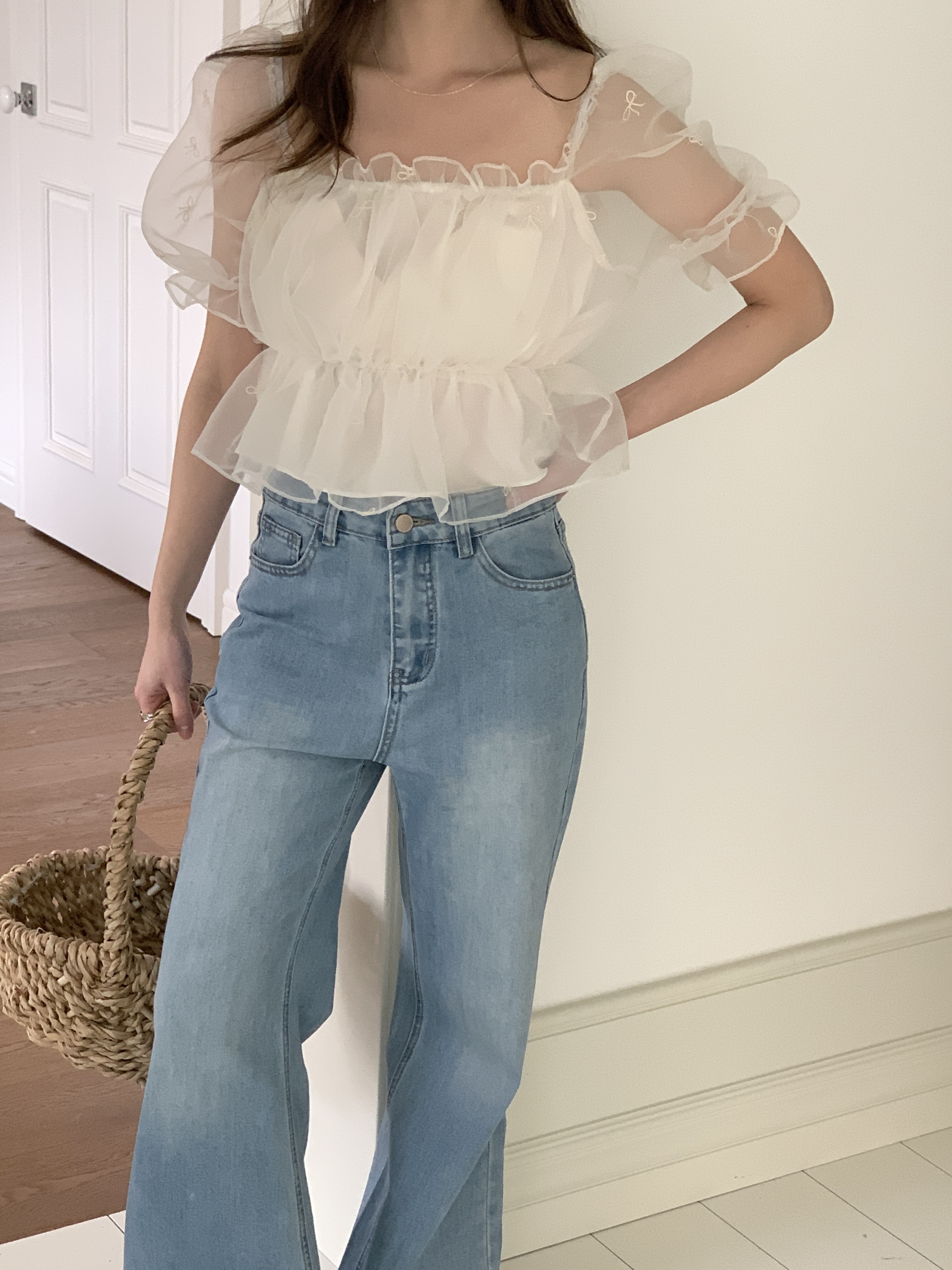 オーガンジーオフショルダーシャーリングパフスリーブ半袖刺繍リボン柄ブラウス2WAY | 詳細画像21