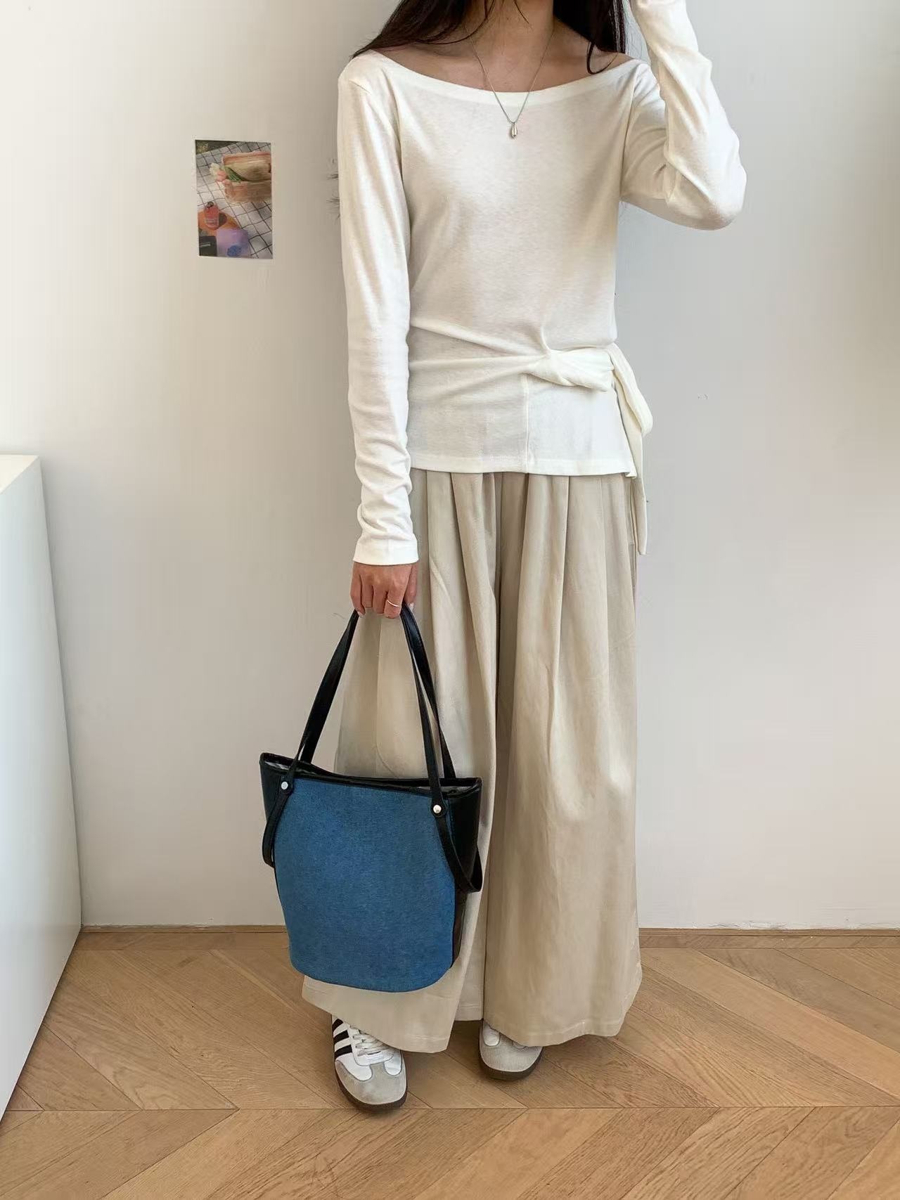 デニムポケットマグネットボタン配色トートバッグポーチ付 | 詳細画像3