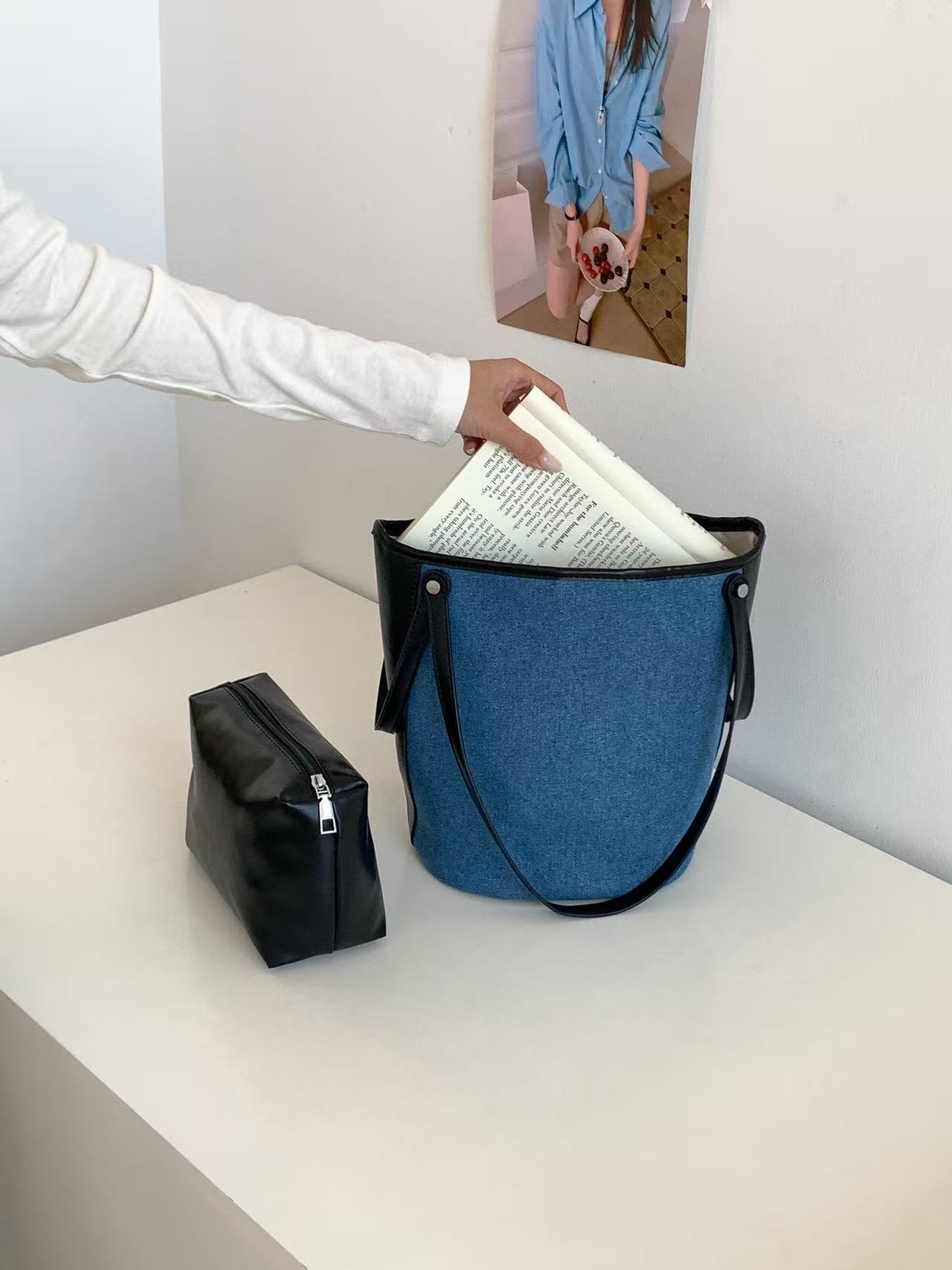 デニムポケットマグネットボタン配色トートバッグポーチ付 | 詳細画像6