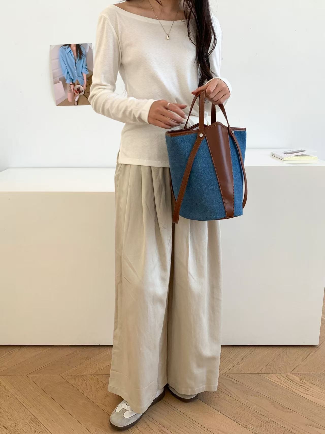 デニムポケットマグネットボタン配色トートバッグポーチ付 | 詳細画像9