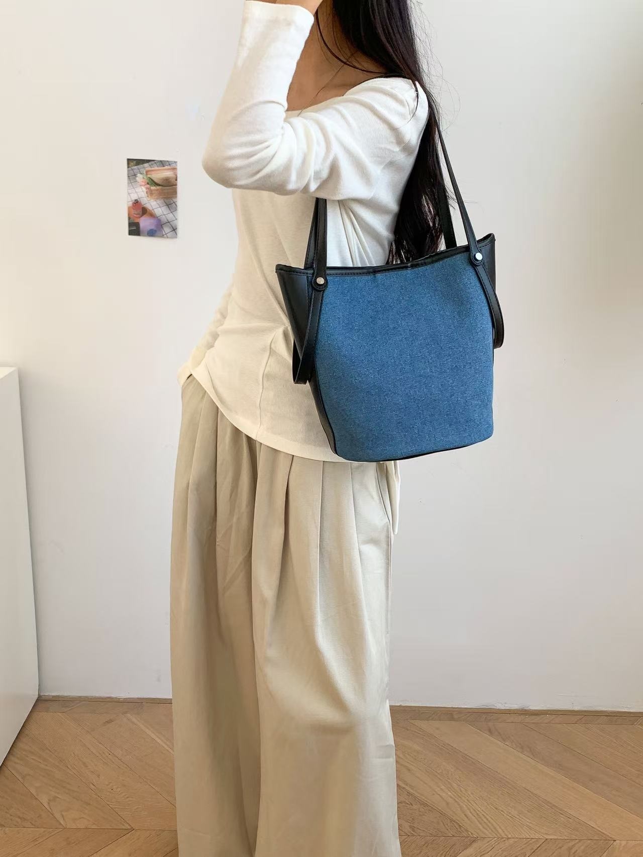 デニムポケットマグネットボタン配色トートバッグポーチ付 | 詳細画像10