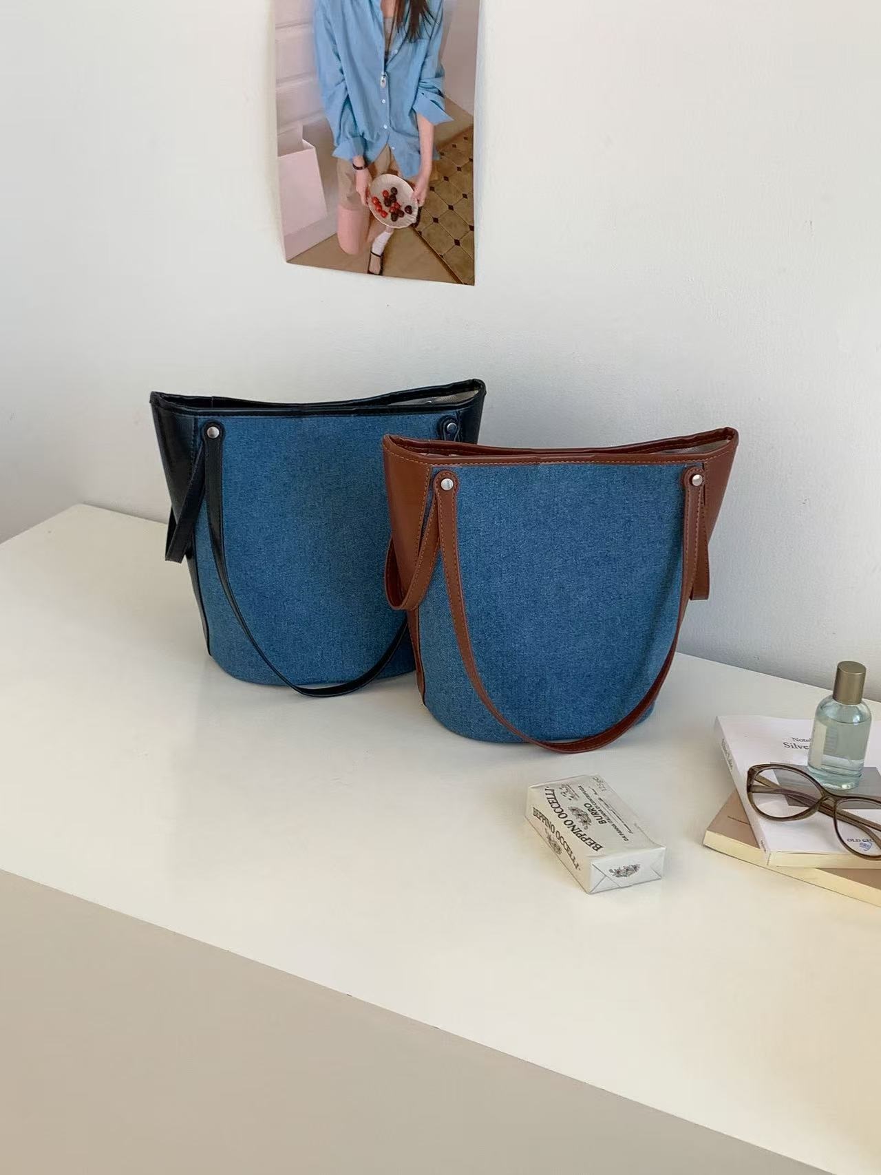 デニムポケットマグネットボタン配色トートバッグポーチ付 | 詳細画像11