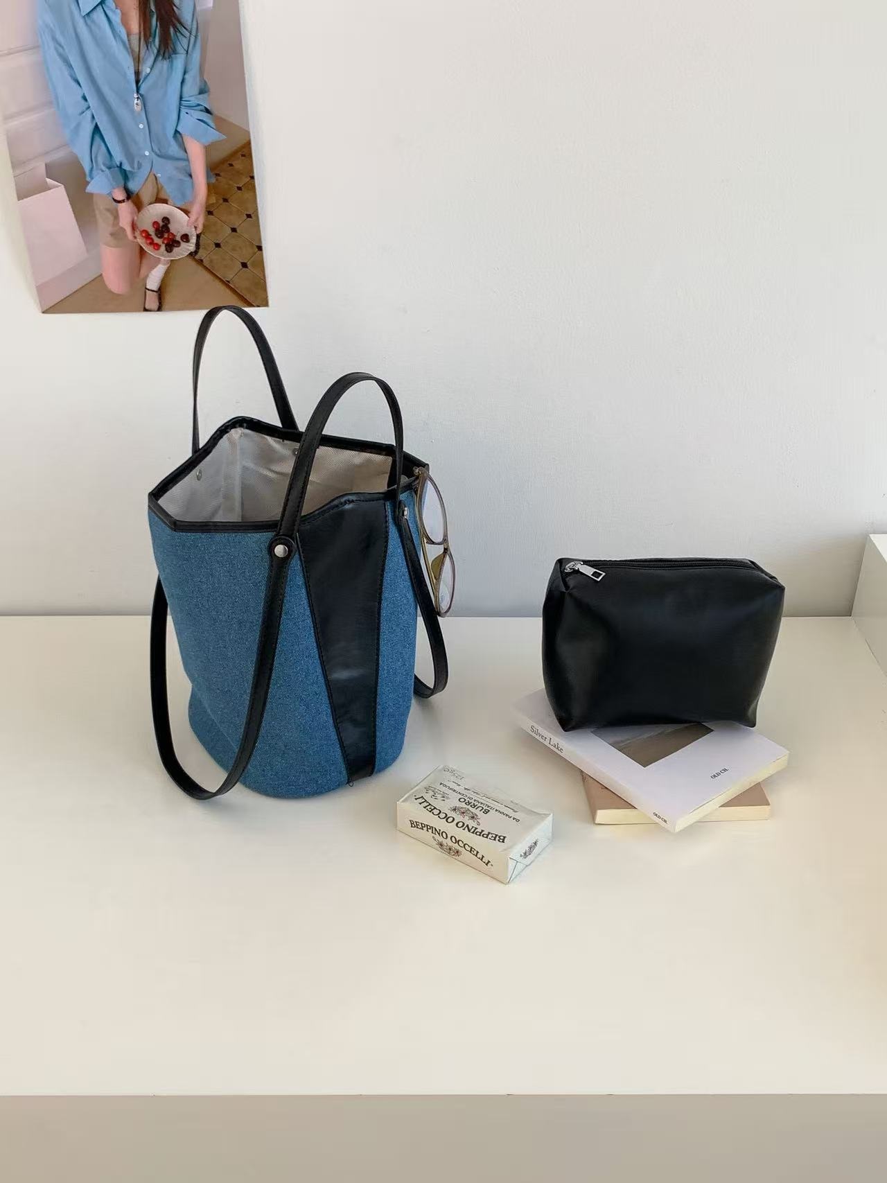 デニムポケットマグネットボタン配色トートバッグポーチ付 | 詳細画像12