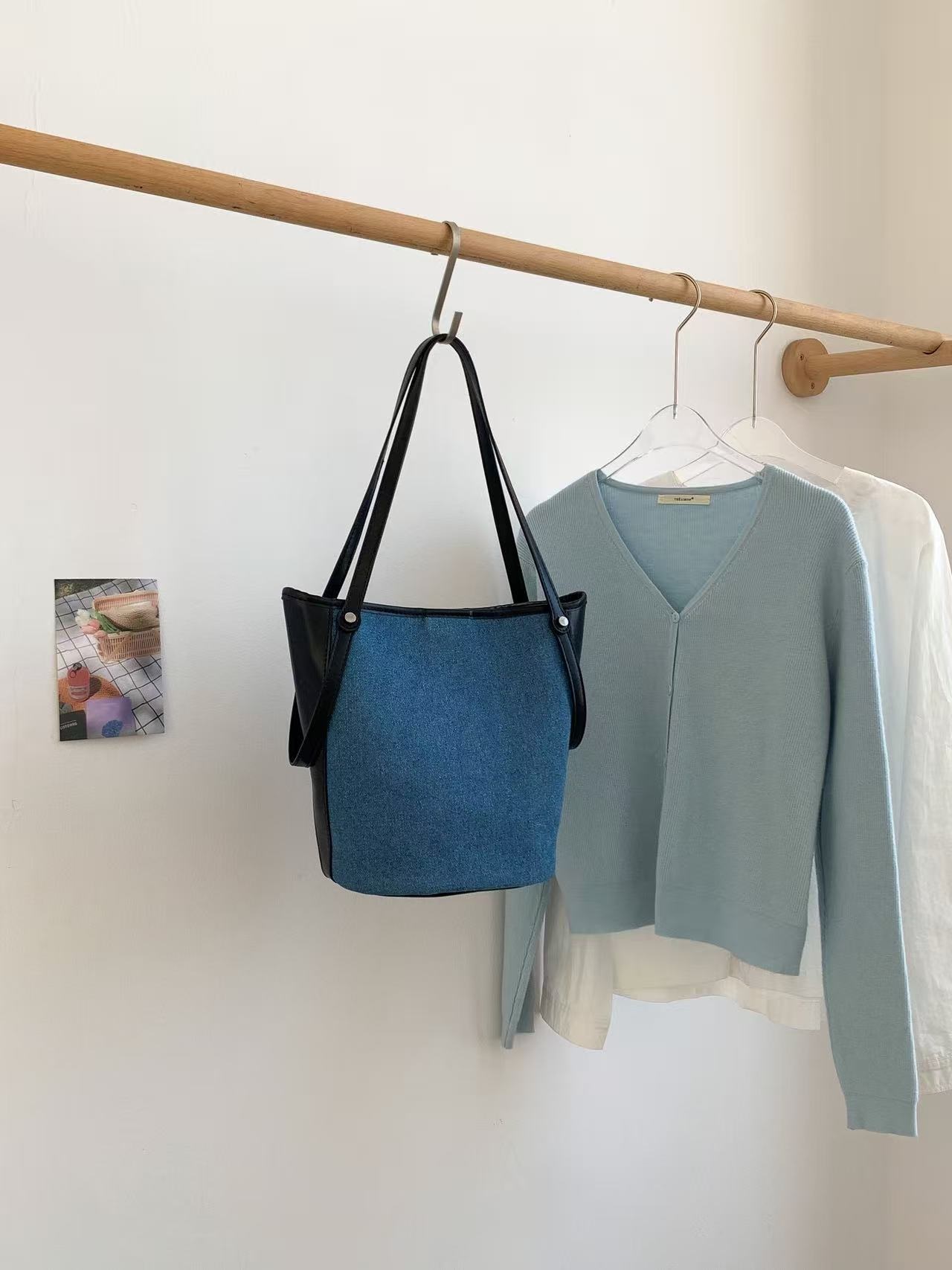 デニムポケットマグネットボタン配色トートバッグポーチ付 | 詳細画像13