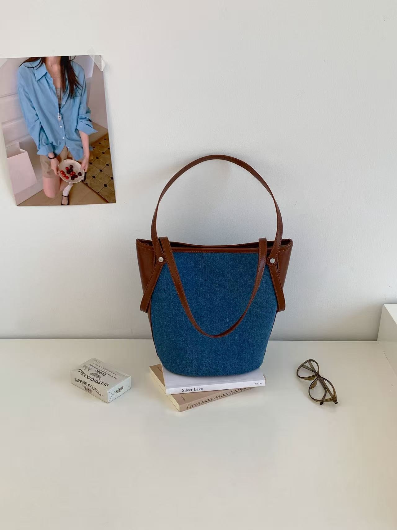 デニムポケットマグネットボタン配色トートバッグポーチ付 | 詳細画像14