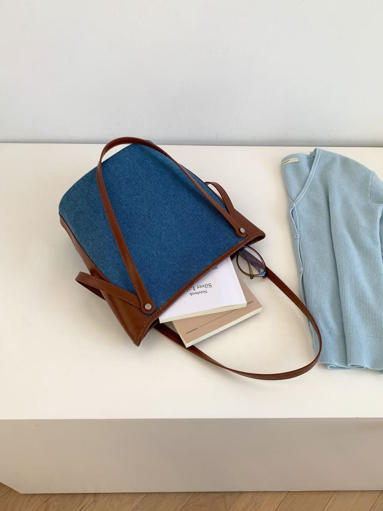 デニムポケットマグネットボタン配色トートバッグポーチ付 | 詳細画像15