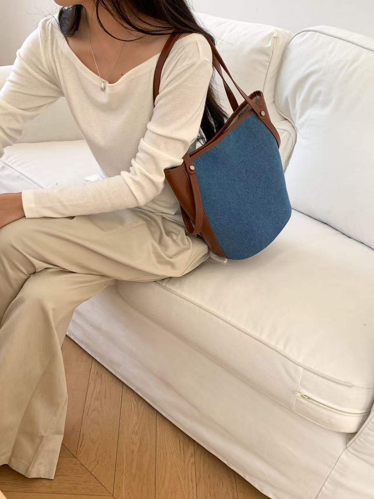 デニムポケットマグネットボタン配色トートバッグポーチ付 | 詳細画像8