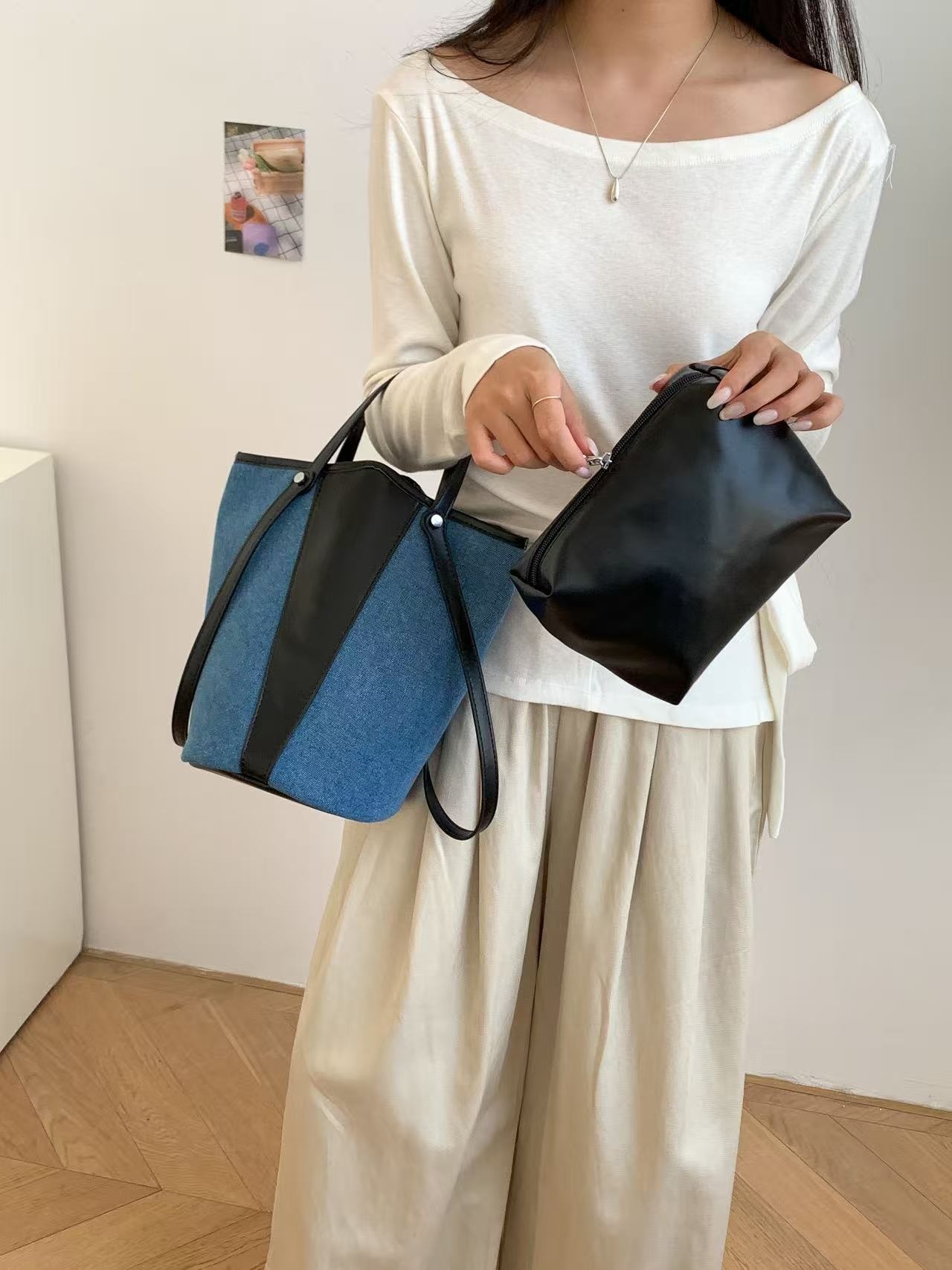 デニムポケットマグネットボタン配色トートバッグポーチ付 | 詳細画像2