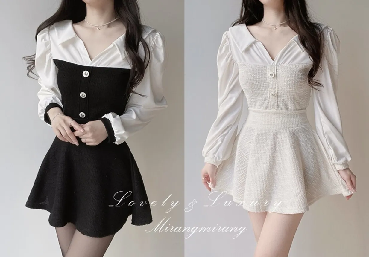 ツイードオープンカラーウエストゴム長袖フェイクボタンミニセットアップ | mirangmirang | 詳細画像1