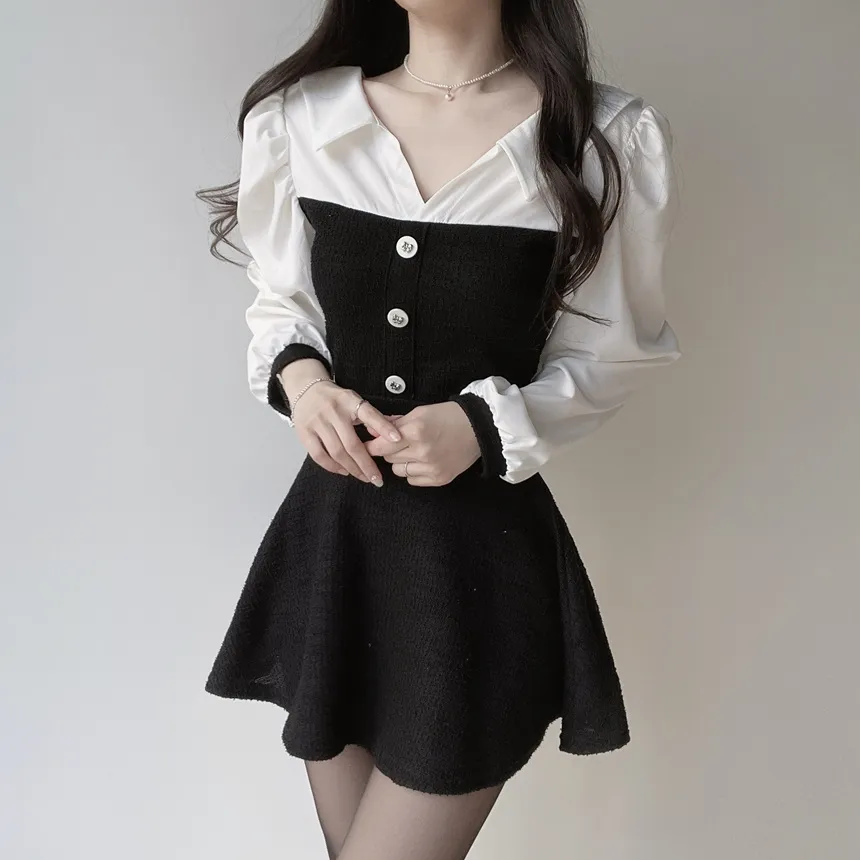 ツイードオープンカラーウエストゴム長袖フェイクボタンミニセットアップ | mirangmirang | 詳細画像2