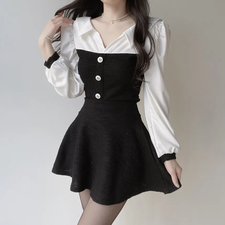 ツイードオープンカラーウエストゴム長袖フェイクボタンミニセットアップ | mirangmirang | 詳細画像3