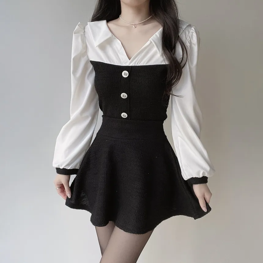 ツイードオープンカラーウエストゴム長袖フェイクボタンミニセットアップ | mirangmirang | 詳細画像4