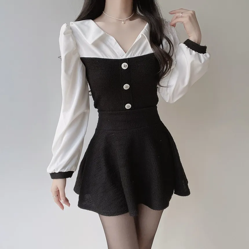 ツイードオープンカラーウエストゴム長袖フェイクボタンミニセットアップ | mirangmirang | 詳細画像5