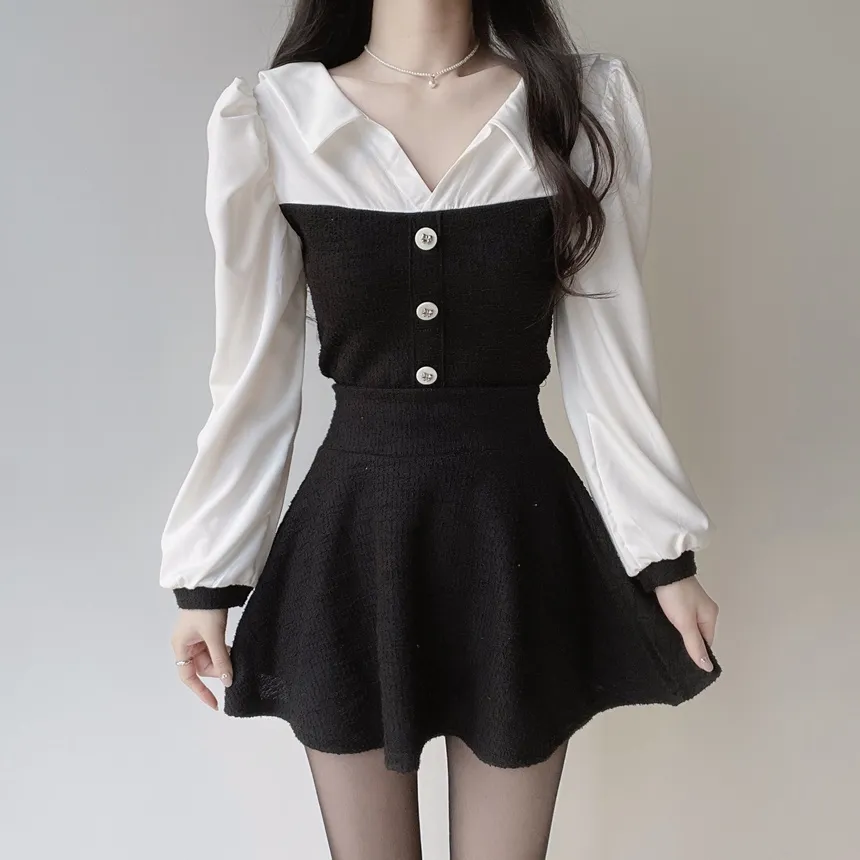 ツイードオープンカラーウエストゴム長袖フェイクボタンミニセットアップ | mirangmirang | 詳細画像6