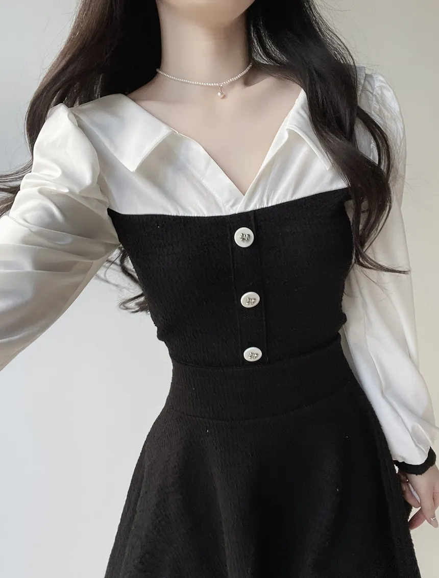 ツイードオープンカラーウエストゴム長袖フェイクボタンミニセットアップ | mirangmirang | 詳細画像8