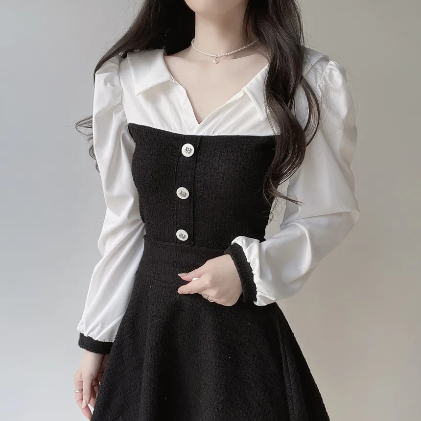 ツイードオープンカラーウエストゴム長袖フェイクボタンミニセットアップ | mirangmirang | 詳細画像9